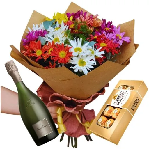 Ramo de flores margaritas con chocolates y espumante
